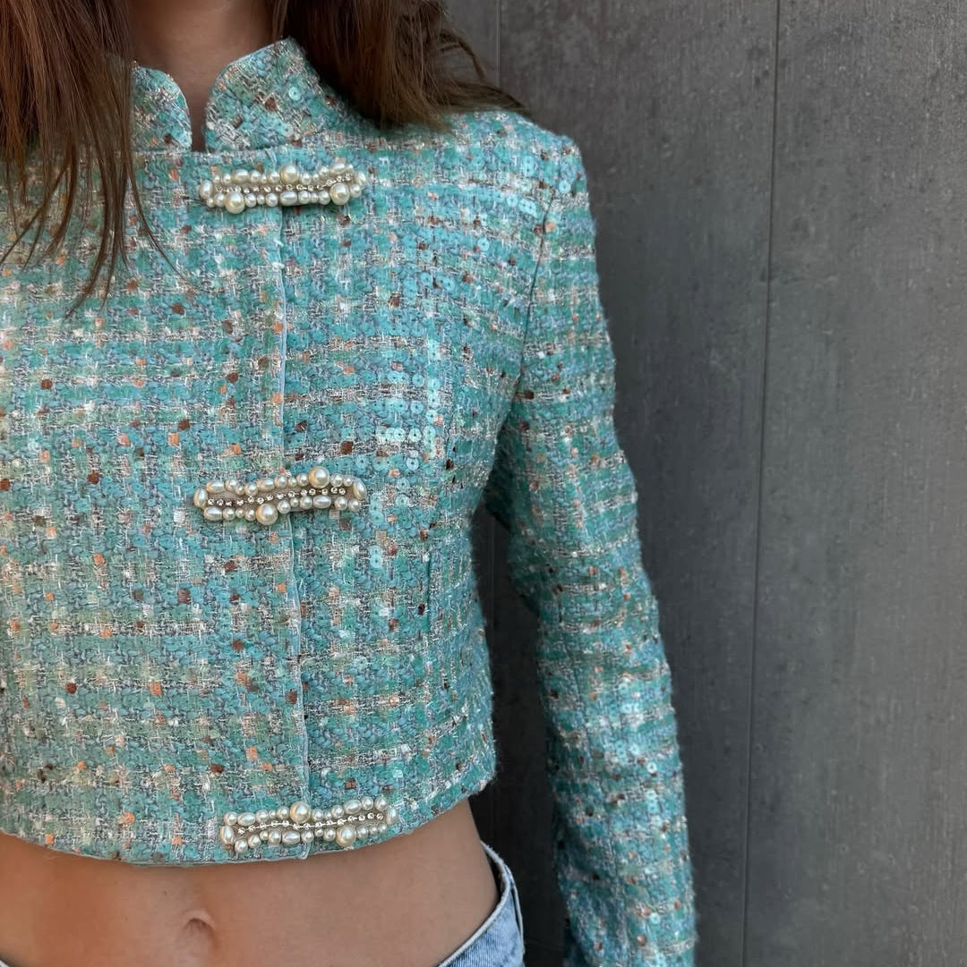 Cropped Tweed Jacket with Pearl Buttons