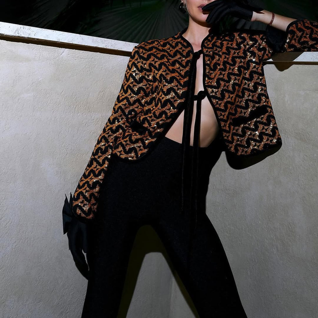 Sequin Zig-Zag Jacket with Velvet Ties