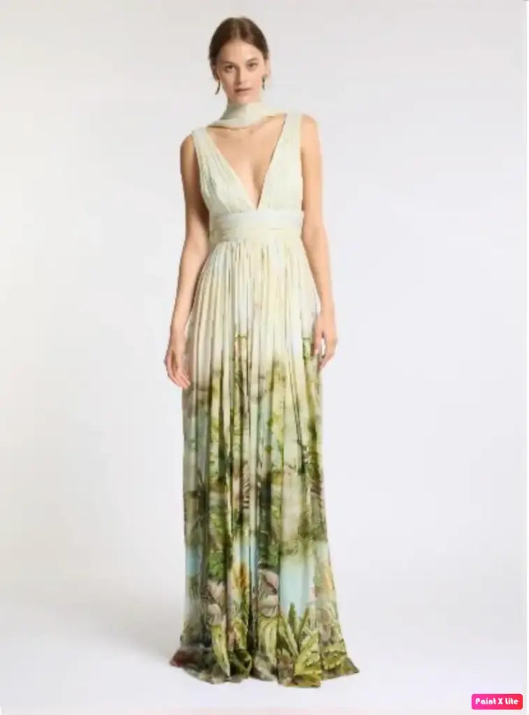 Elie Saab Printed Georgette Long Dress