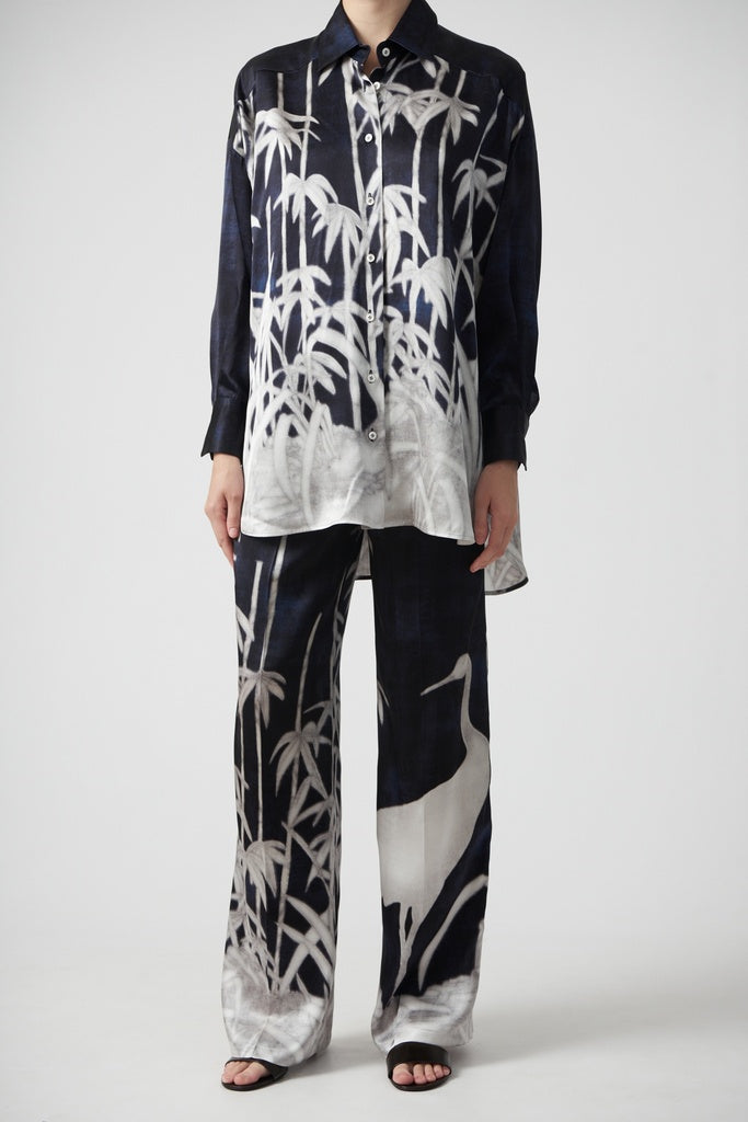 Kiton shirt navy with bird print silk