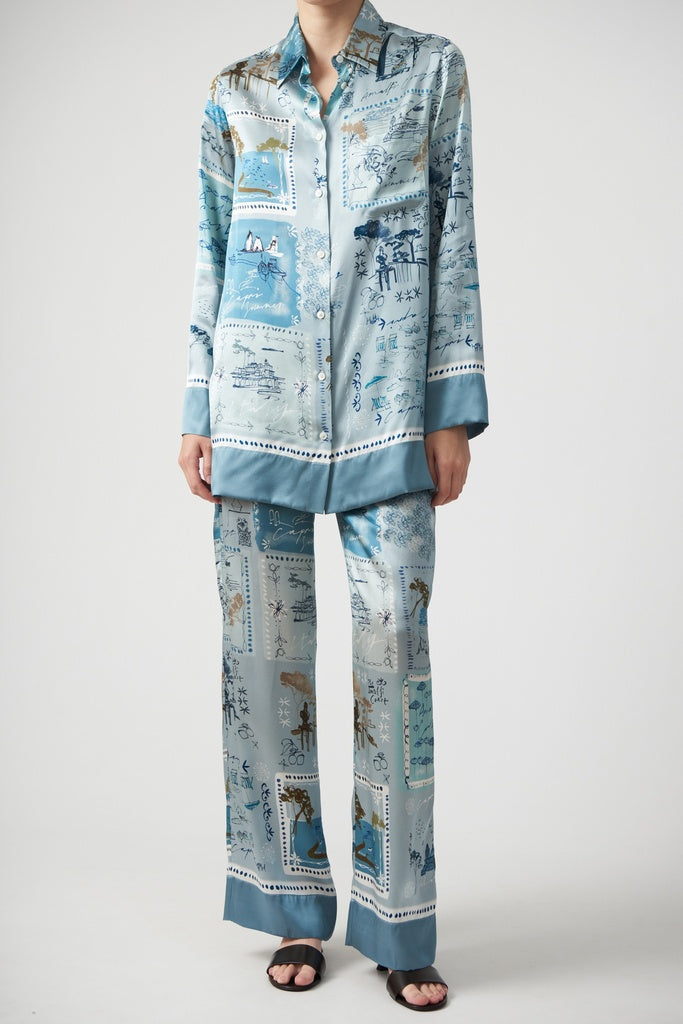 Kiton shirt sky blue with print silk