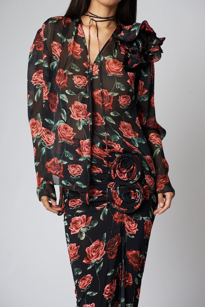 blouse black with print roses