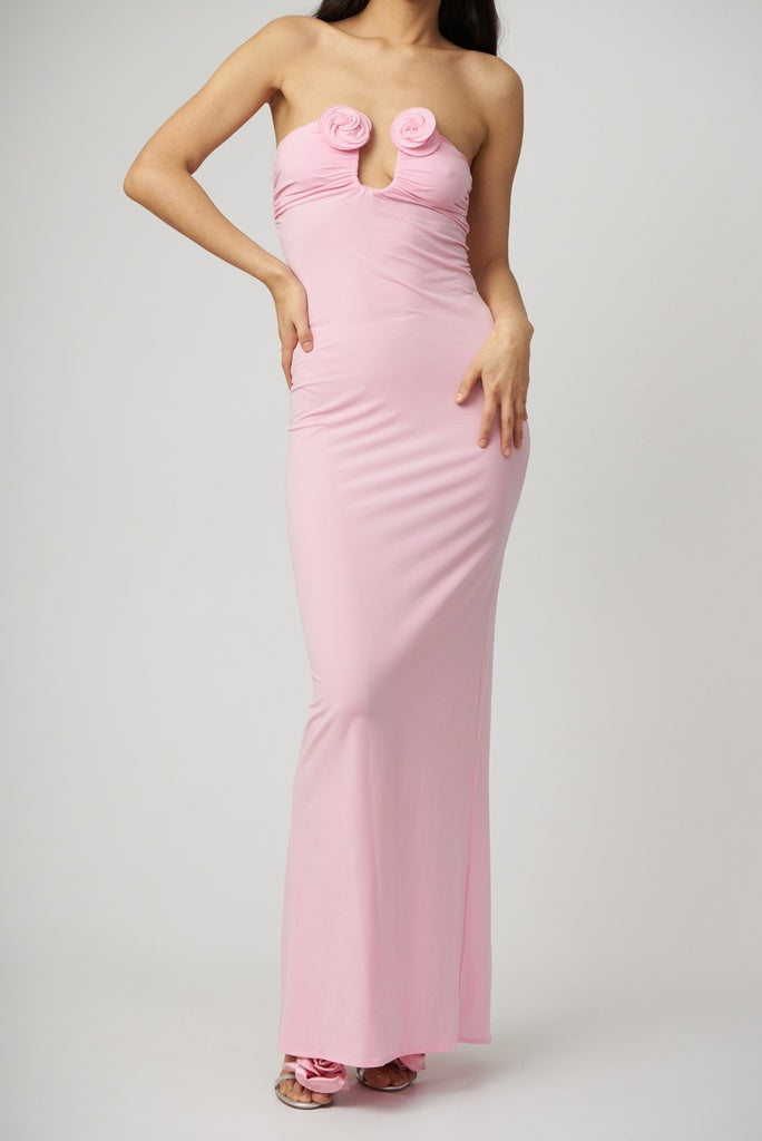 Pink Floral-Appliqué Strapless Maxi Dress