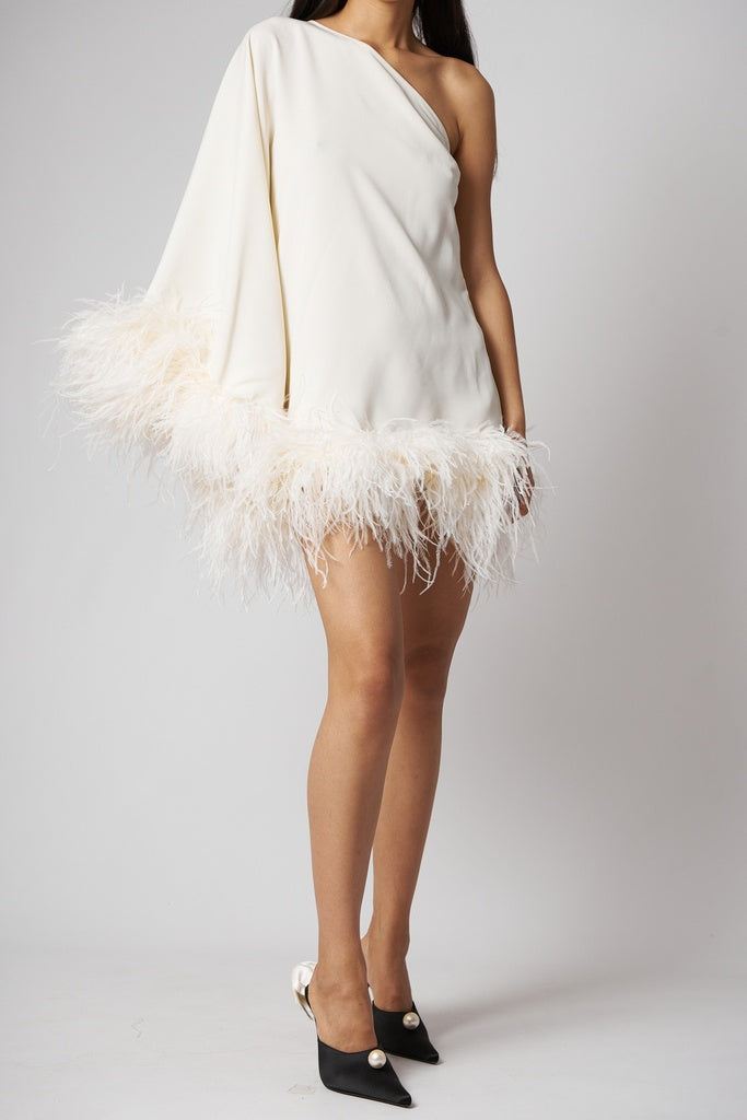 dress ivory with feathers and open shoulder