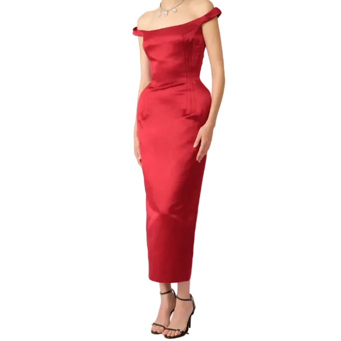 Off-Shoulder Hip Pad Midi Dress