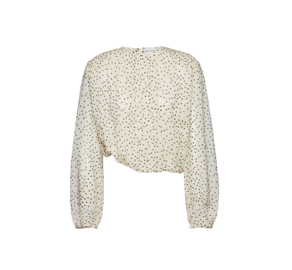 Cream Dotted Balloon-Sleeved Silk Blouse