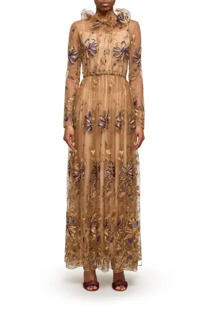 Embroidered-Flower Tulle Midi Dress