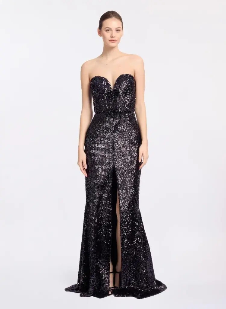 Black Embellished Sequins Strapless Gown