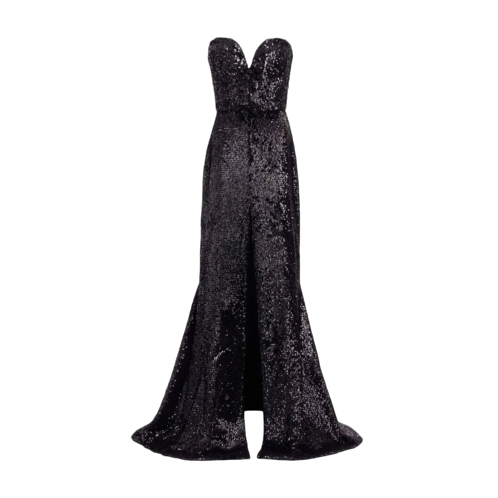 Black Embellished Sequins Strapless Gown