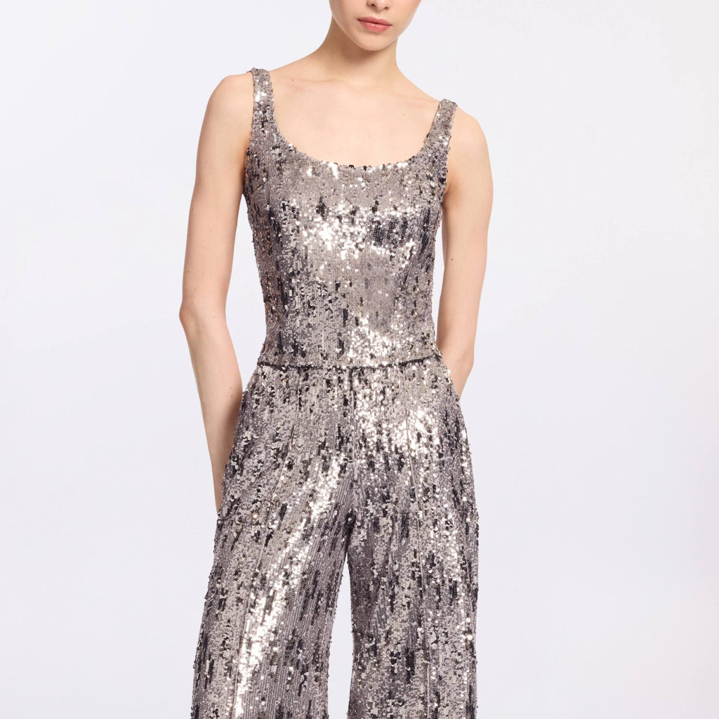 Silver Scoop Neck Sequined Top