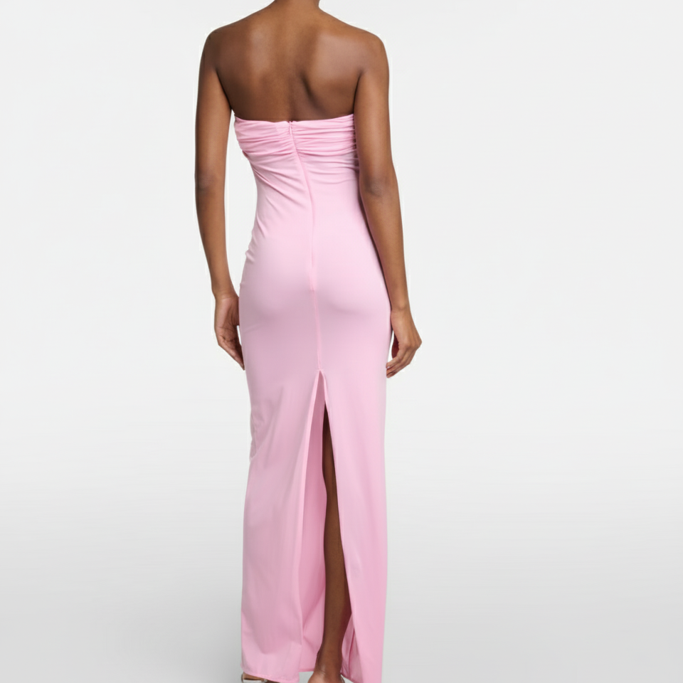 Pink Floral-Appliqué Strapless Maxi Dress