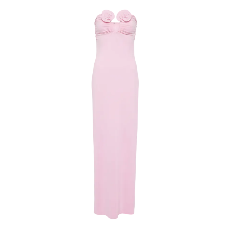 Pink Floral-Appliqué Strapless Maxi Dress