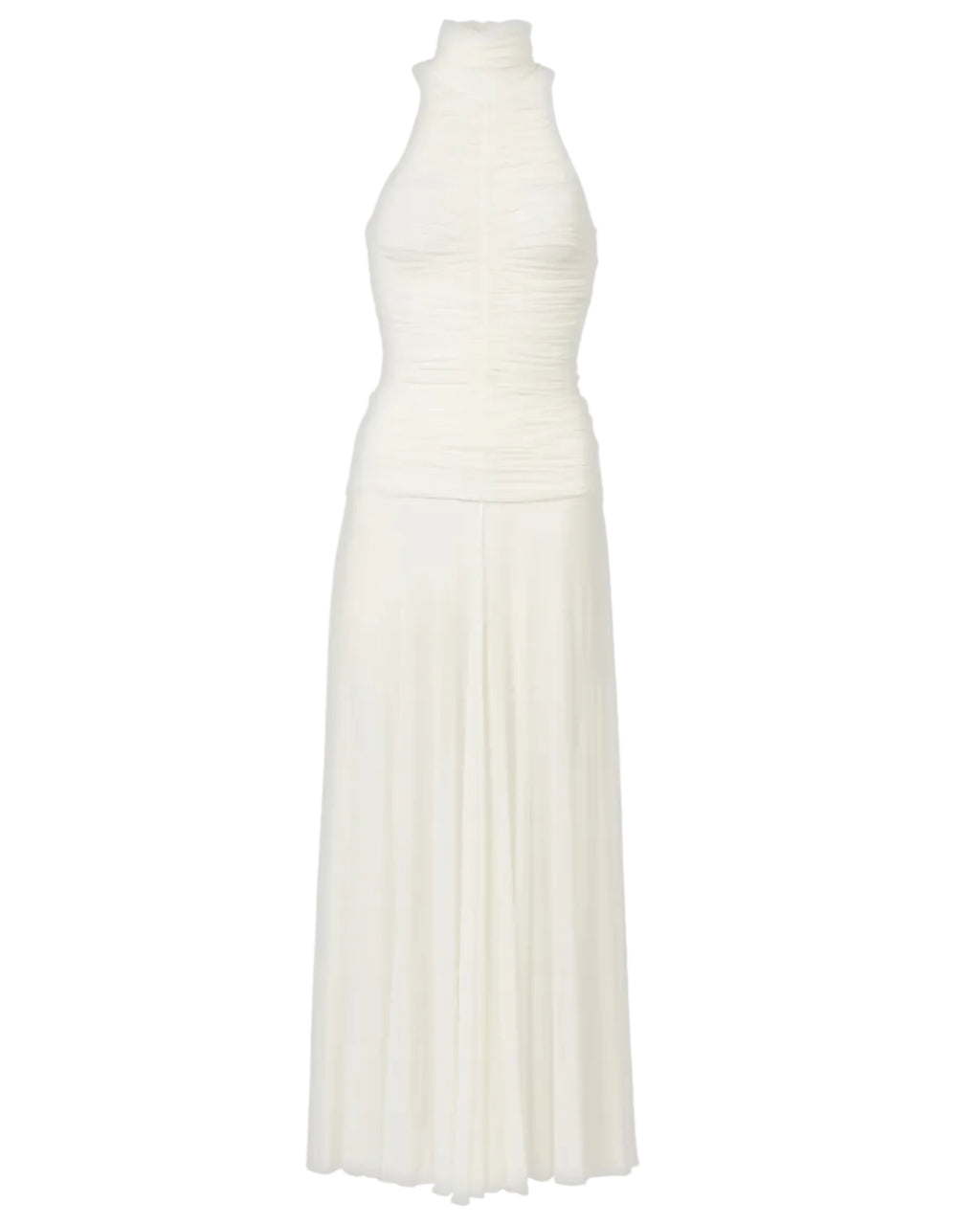 Ruched Sheer High-Neck Maxi Dress