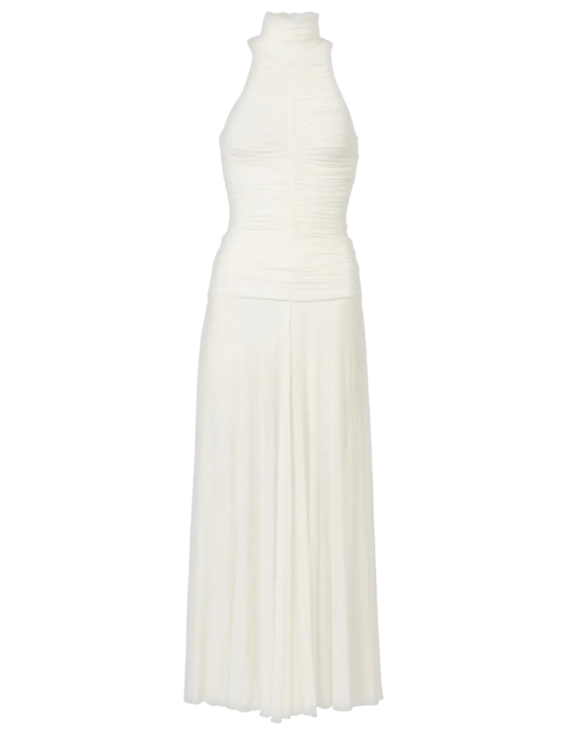 Ruched Sheer High-Neck Maxi Dress