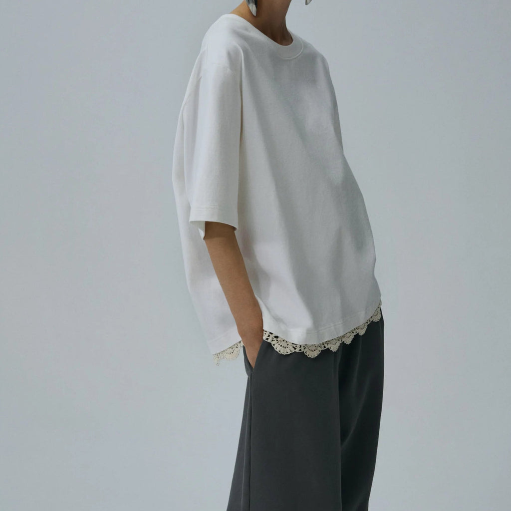 White Oversized Crochet-Hem T-Shirt