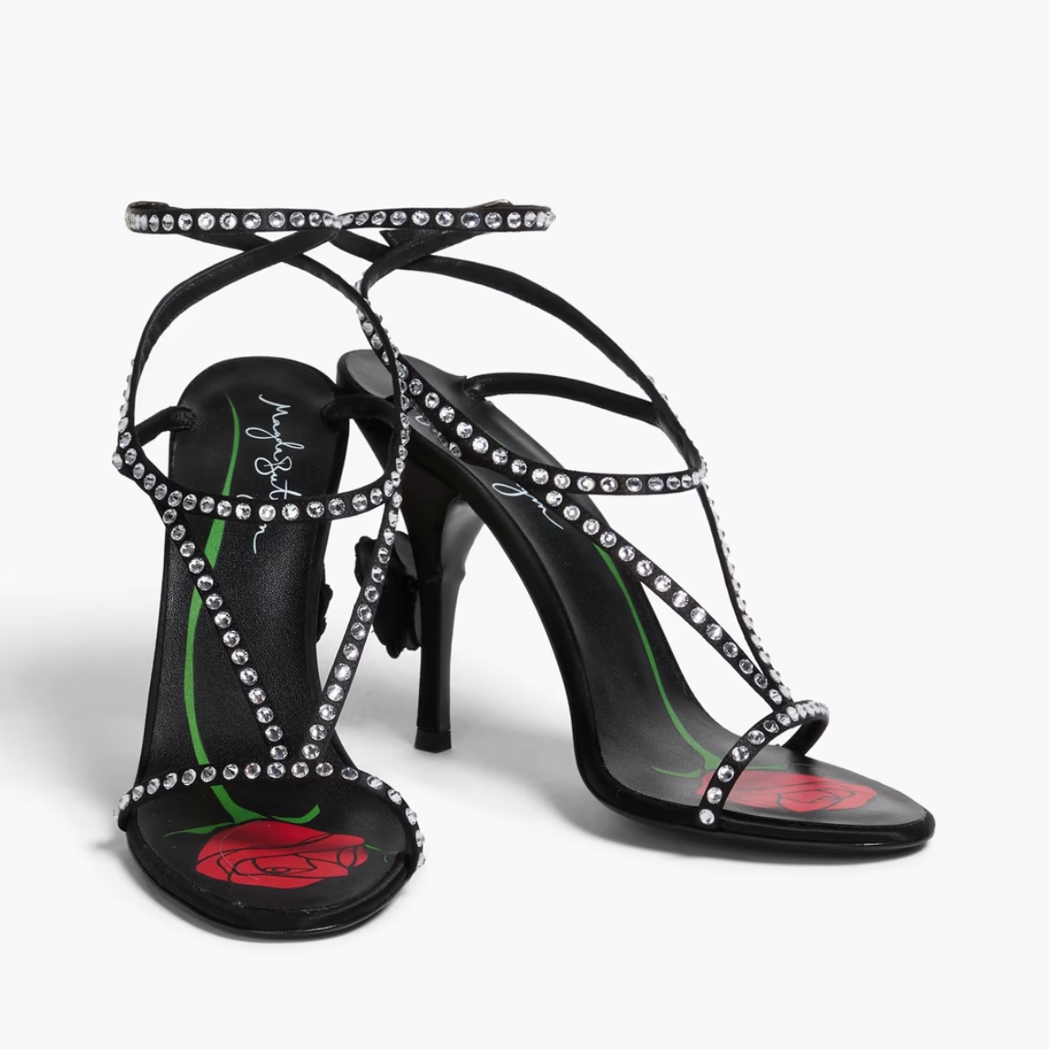 Floral-Appliquéd Crystal-Embellished Satin Sandals