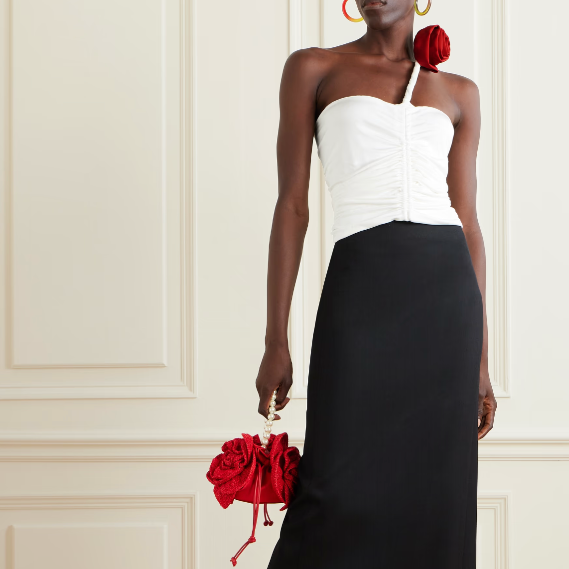 One-Shoulder Appliquéd Ruched Bustier Top