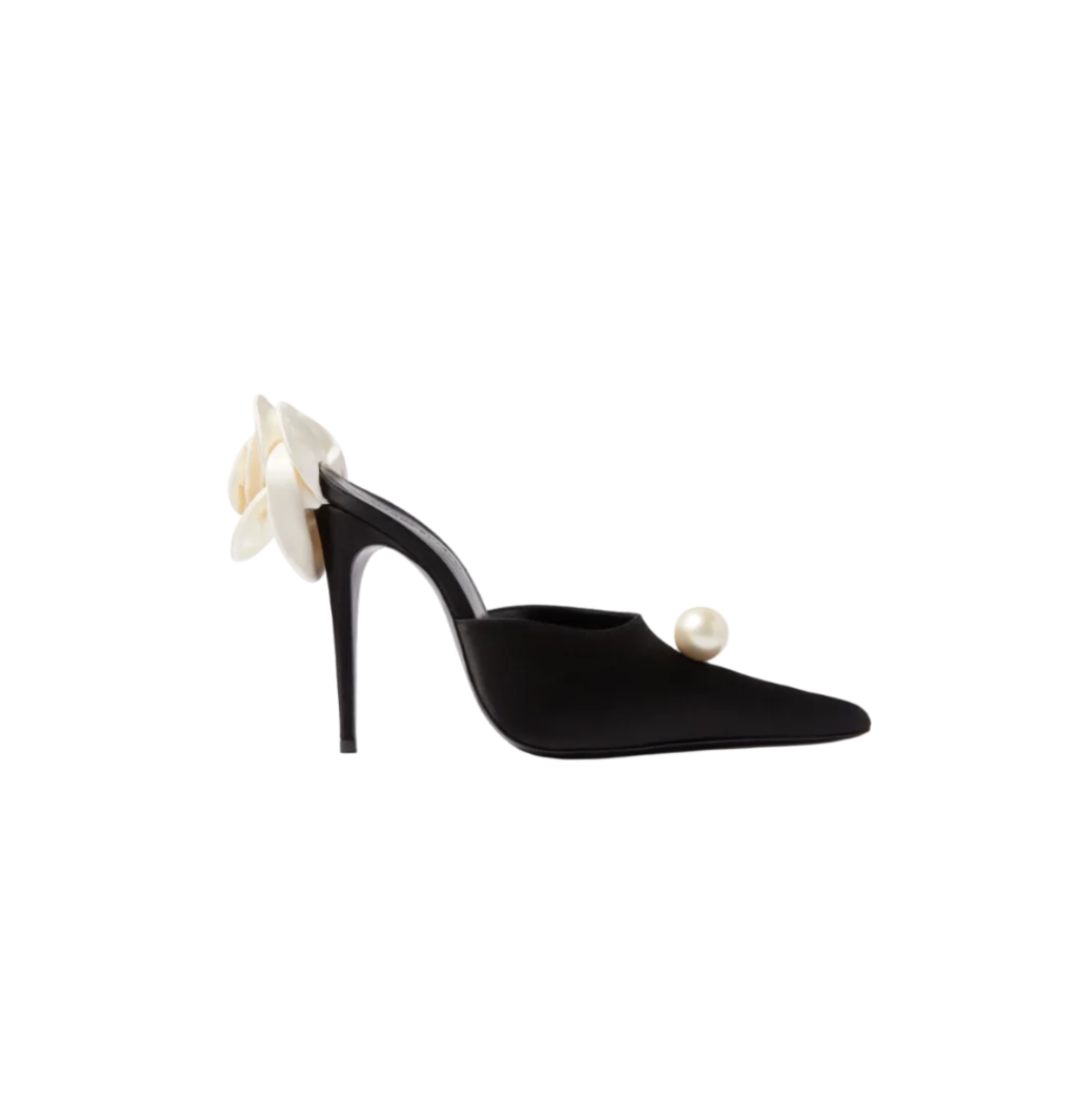 Point-toe 110 Flower Mules in Satin