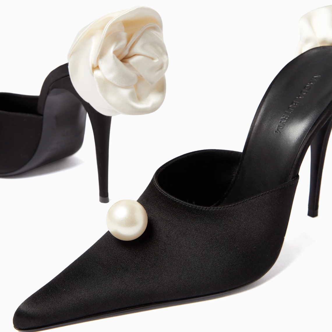 Point-toe 110 Flower Mules in Satin