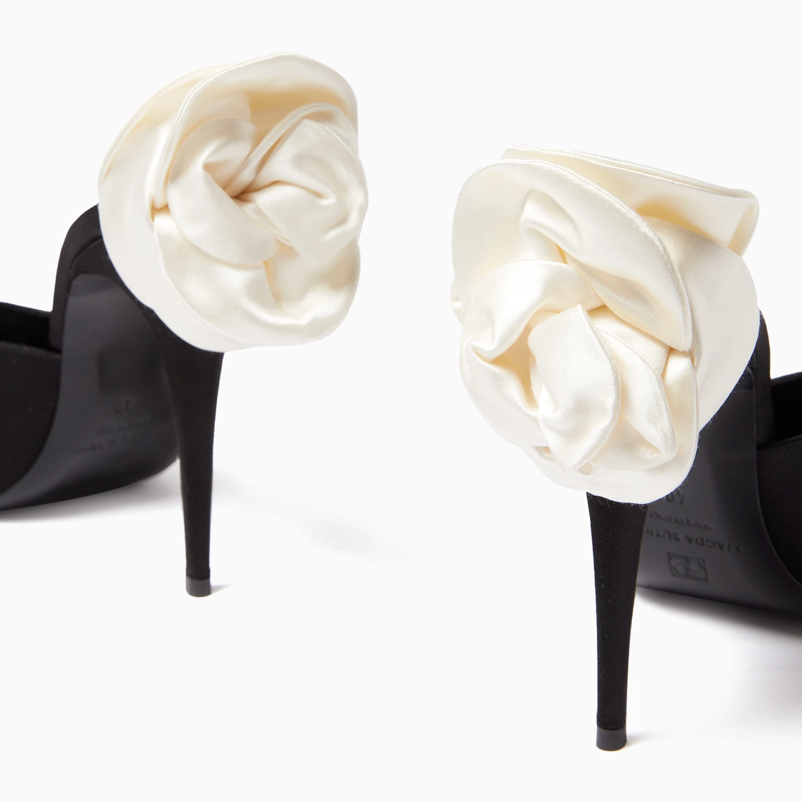 Point-toe 110 Flower Mules in Satin