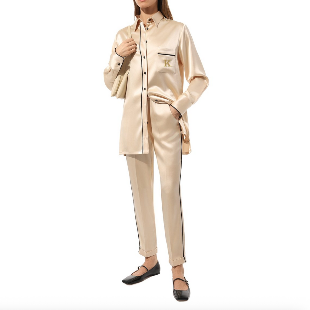 Kiton silk pants beige with black details