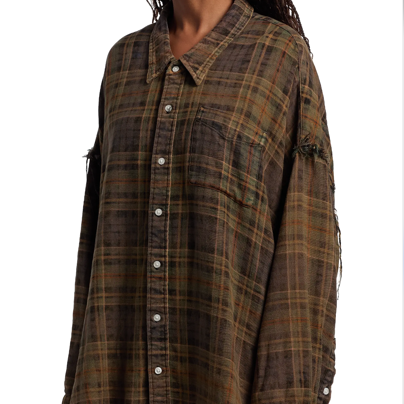 Shredded Seam Plaid Cotton Shirt