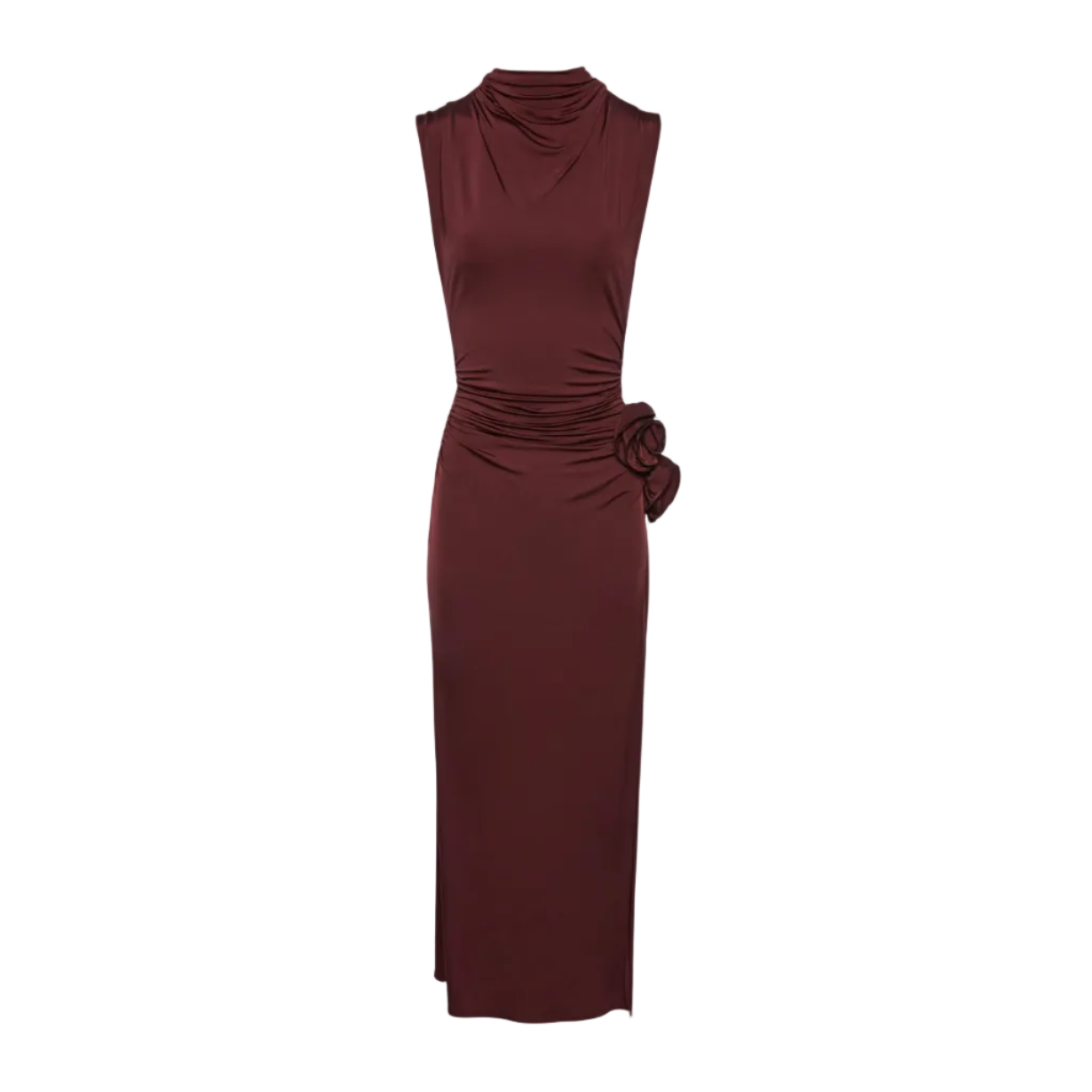 Draped High-Neck Midi Dress in Burgundy