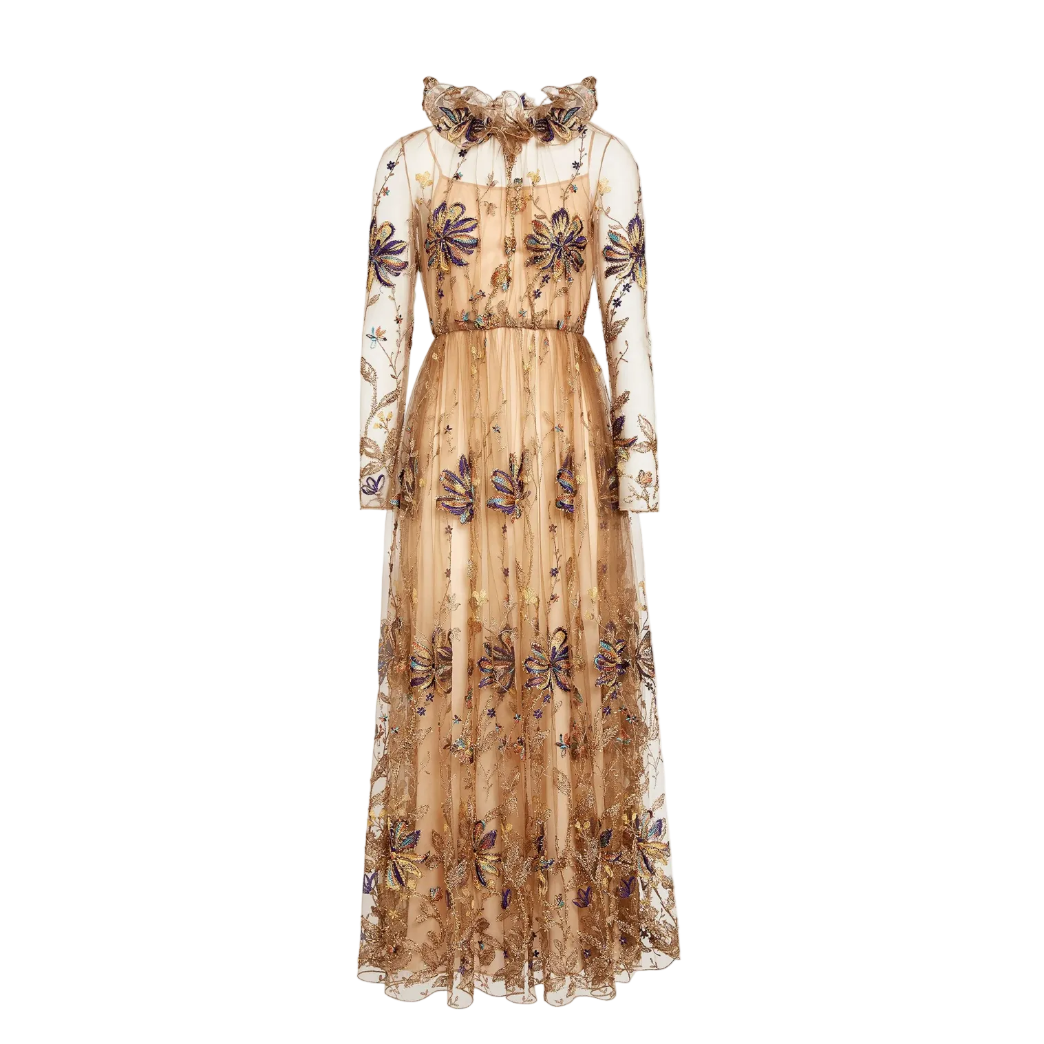 Embroidered-Flower Tulle Midi Dress