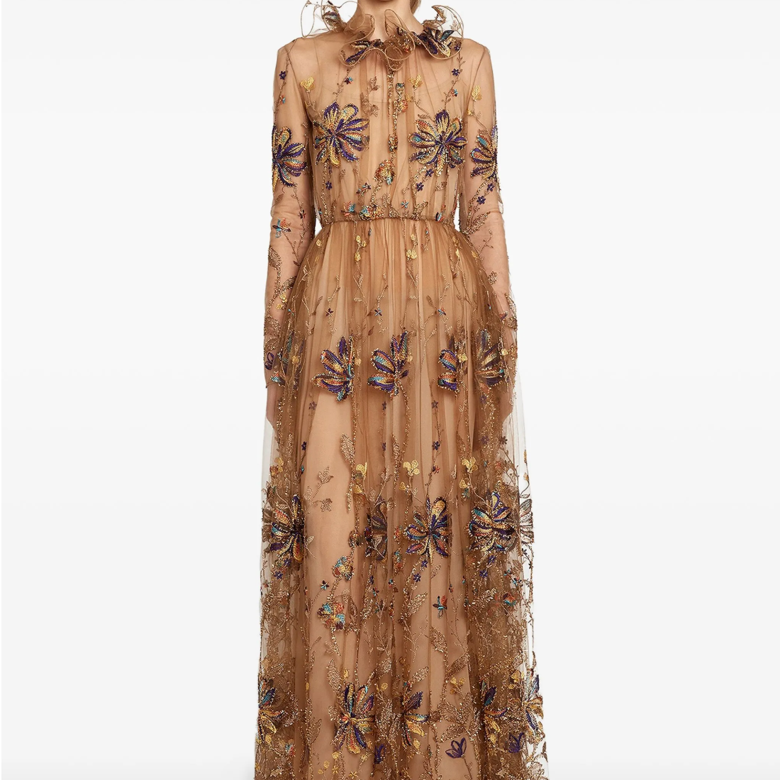 Embroidered-Flower Tulle Midi Dress