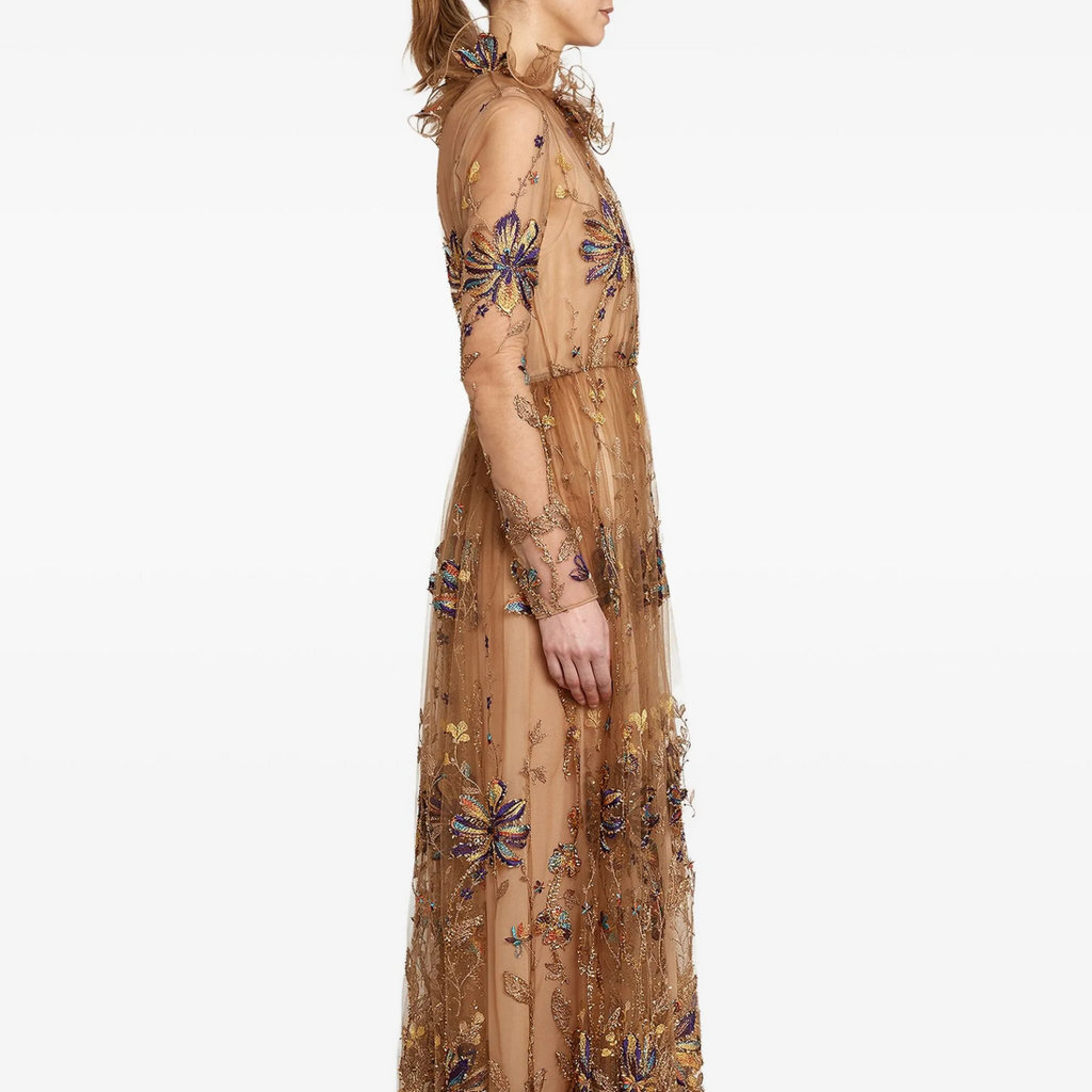 Embroidered-Flower Tulle Midi Dress
