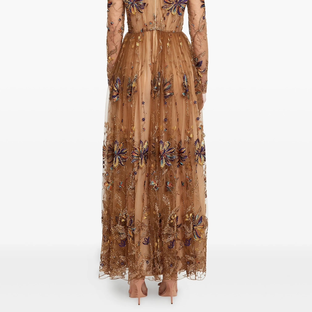 Embroidered-Flower Tulle Midi Dress