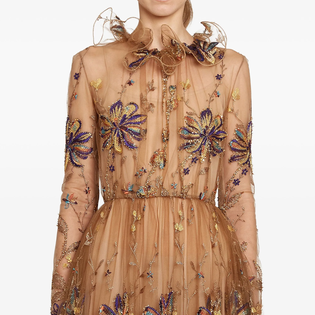 Embroidered-Flower Tulle Midi Dress