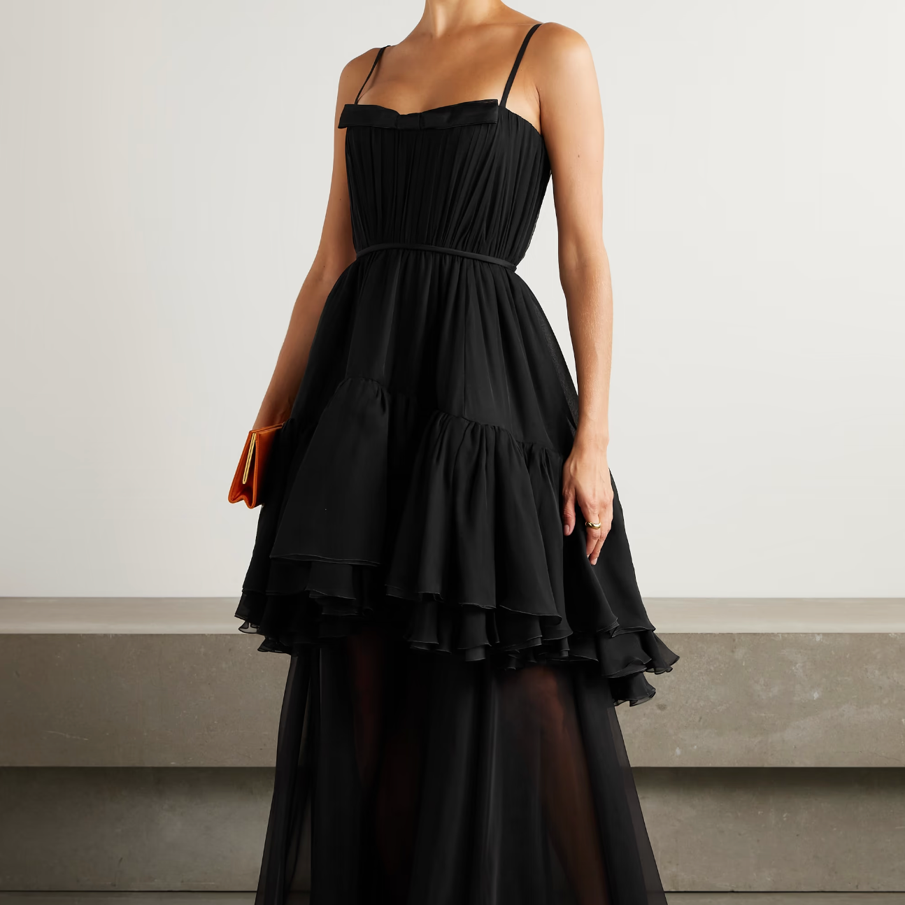 Layered Satin-Trimmed Silk-Chiffon Gown