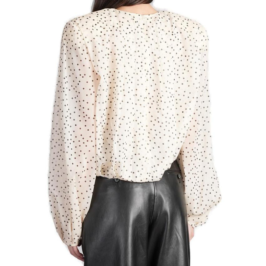 Cream Dotted Balloon-Sleeved Silk Blouse