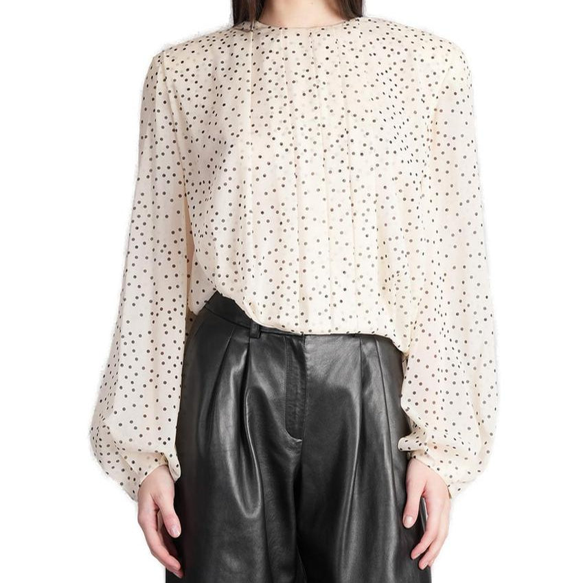 Cream Dotted Balloon-Sleeved Silk Blouse