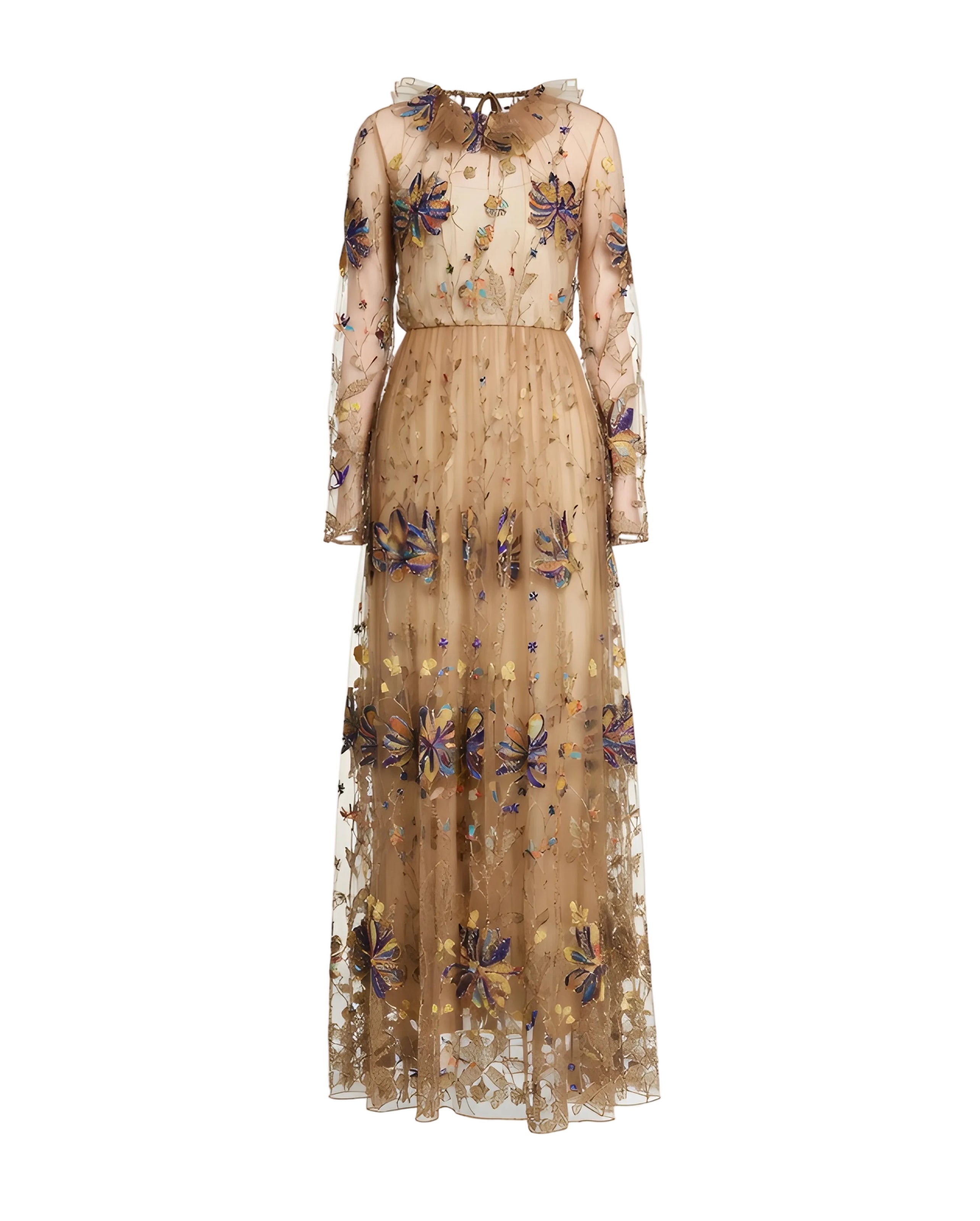 Embroidered-Flowers Tulle-Ruffle Dress
