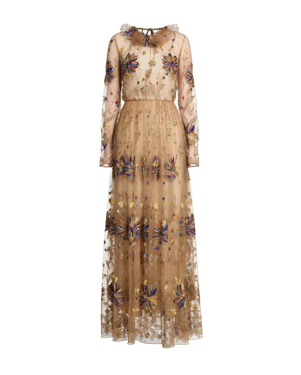 Embroidered-Flowers Tulle-Ruffle Dress