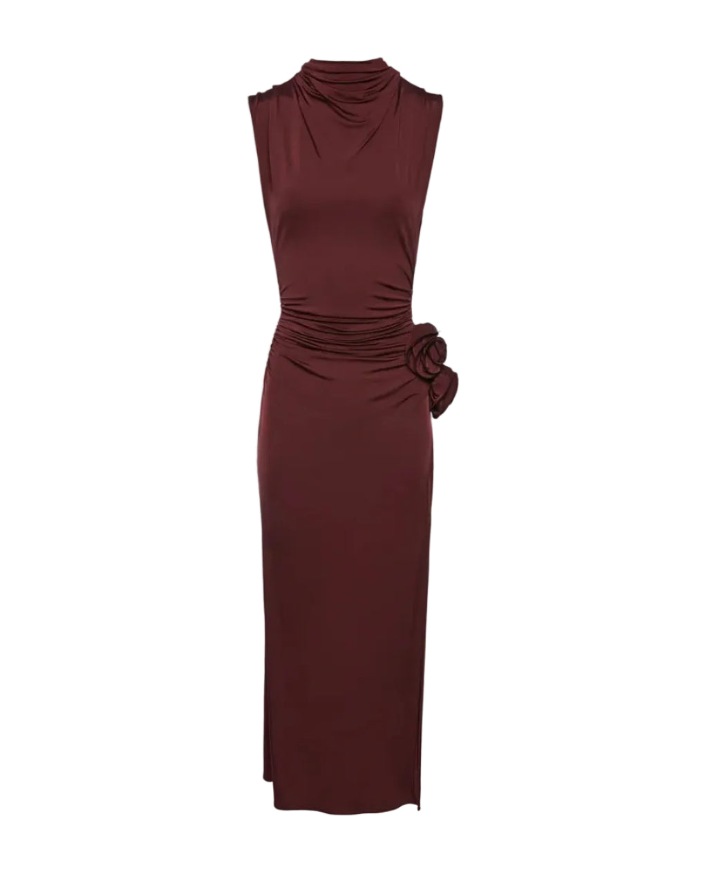 Draped High-Neck Midi Dress in Burgundy