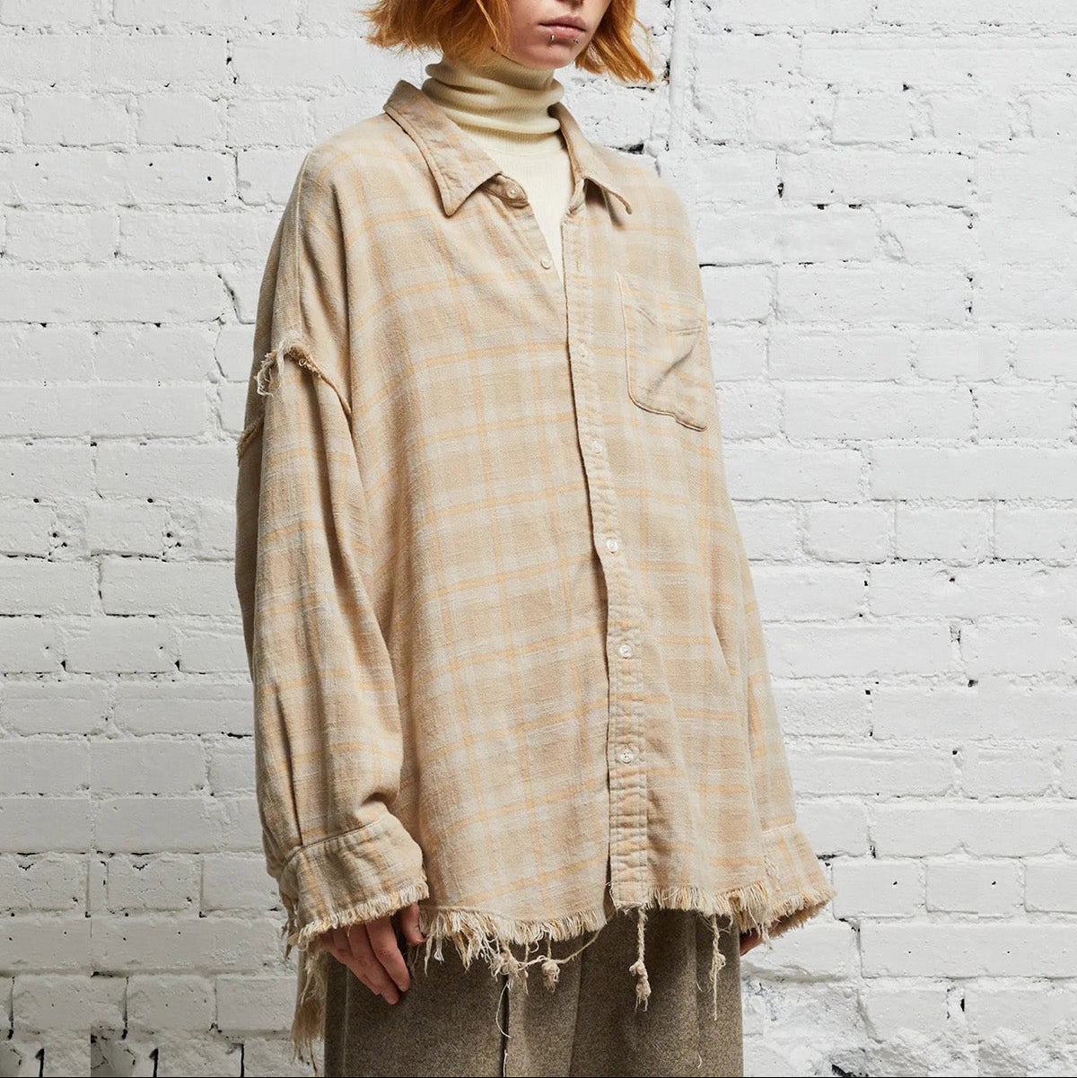 Shredded Seam Plaid Cotton Shirt